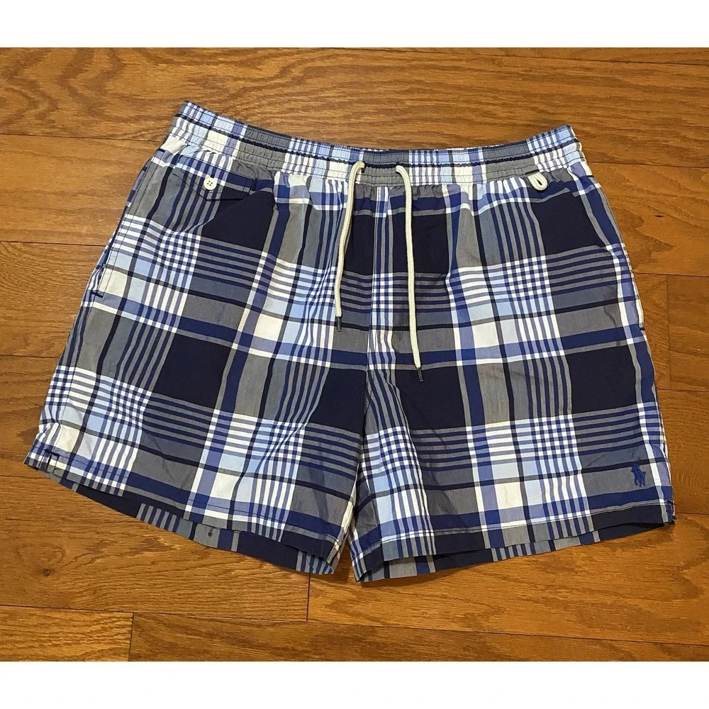 Vintage Polo Ralph Lauren Swim‎ Trunks Mens 2XL Blue Plaid Lined Drawstring